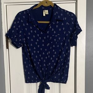 Japna Coastal Nautical Navy Blue Blouse with White Anchors and Waist Tie